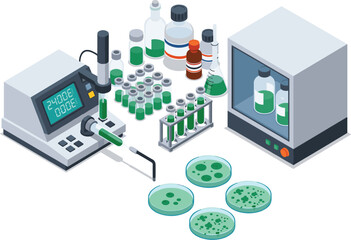 Biological Laboratory Experiment Setup with Digital Dispenser, Green Chemical Samples, Petri Dishes, Data Sheets, and Incubation Storage Unit