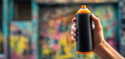The Spray Paint Can Held by Artist in Front of Graffiti Wall