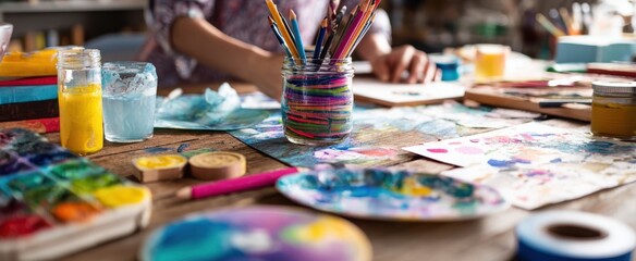 The paint covered studio table filled with colorful brushes palettes jars and artwork