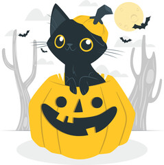 Black cat wearing a pumpkin hat sitting in a carved pumpkin Halloween jack-o-lantern