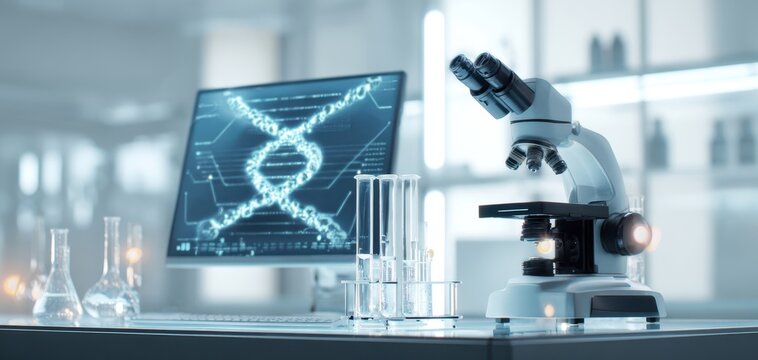 The Microscope in a Modern Genomics Laboratory with DNA Hologram on Monitor