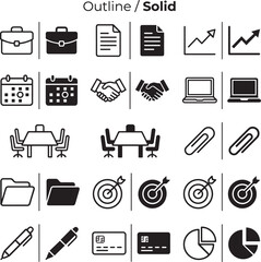 Business and Office Icon Set Outline and Solid Vector Illustration, including briefcase, handshake, calendar, laptop, folder, pen, target, and chart symbols. Perfect for web, app, or presentation desi