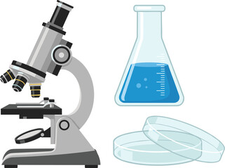 Microscope, Erlenmeyer Flask with Blue Liquid, and Petri Dishes Representing Core Tools in Scientific Laboratory Research and Analysis