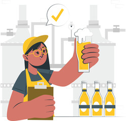 Brewery worker inspecting a glass of beer with bottles and machinery craft beer alcohol