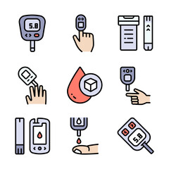 Glucometer Device color icons set. Performing blood glucose tests using glucometers. Glucose Test, Diabetic Consultation, Health Support.