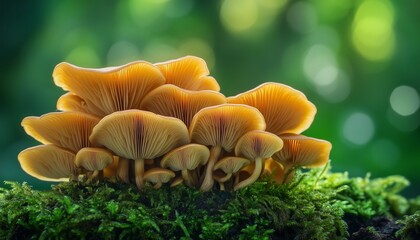 Golden Mushrooms Grow on Mossy Ground in a Lush Forest During Daylight Hours