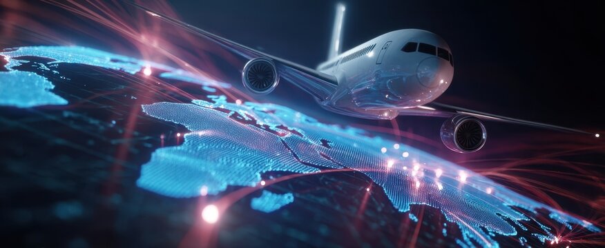 The Airplane Flying Above a Digital World Map of Global Flight Network Connections