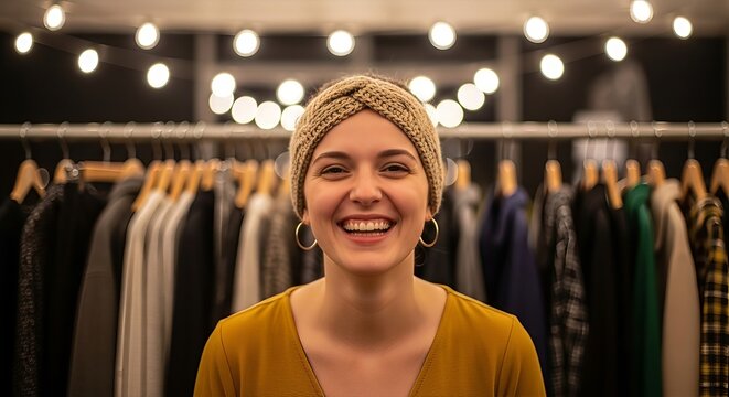 Radiant smile of a woman in a fashion boutique surrounded by elegant clothing - Powered by Adobe