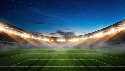 A dramatic night arena view of an empty rugby stadium with bright floodlights illuminating the green pitch and H-shaped goalposts under a starry sky