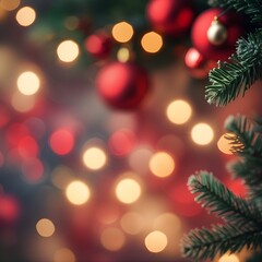 Obraz premium Soft Christmas bokeh background with warm red and gold lights illuminating a festive glow, featuring intricate details of snowflakes, ornaments, or branches.