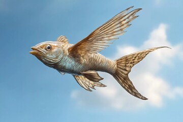 Obraz premium Unique depiction of a fish with wings soaring through a bright blue sky filled with clouds