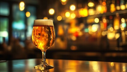 Golden Pint of Beer on a Wooden Table in a Cozy Bar Setting During the Evening