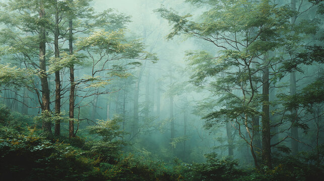 A misty, ethereal forest scene with towering trees shrouded in fog, creating a serene and mysterious atmosphere.