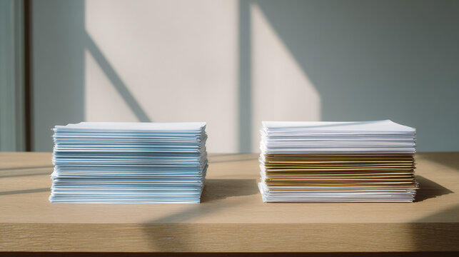 Two stacks of crisp white and golden envelopes sit on a wooden desk bathed in soft sunlight, symbolizing organization & correspondence.