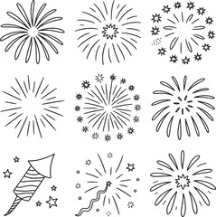 Obraz premium Collection of hand-drawn firework illustrations in black and white fireworks explosion