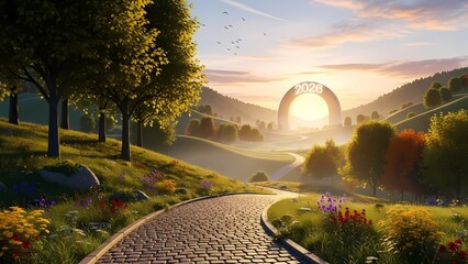 A serene landscape where a path leads towards a brightly glowing '2026' gateway on the horizon, bathed in warm, optimistic sunlight. The scene is filled with lush greenery and a sense of calm promise.