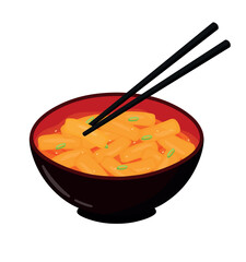 Hand drawn tteokbokki Korean spicy rice cakes with chopsticks vector illustration