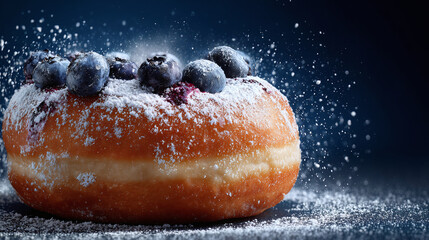 Indulge in a sweet delight: a blueberry donut with powdered sugar, capturing the essence of a tasty treat in a single, mouthwatering shot.