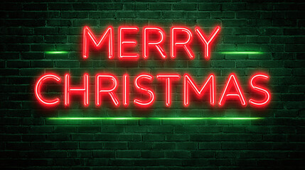 Festive neon sign on a textured wall, "Merry Christmas" in vibrant red with green accents for a holiday mood. Festive decorations.