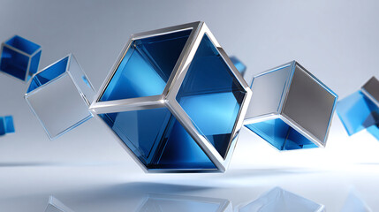 Abstract design featuring floating cubes in shades of blue and silver, creating a modern and geometric pattern against a neutral backdrop.