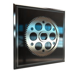 Polished metallic gear mounted on glossy square panel. Hexagonal center hole and circular cutouts emphasize industrial symmetry, mechanical precision, and engineered visual balance.