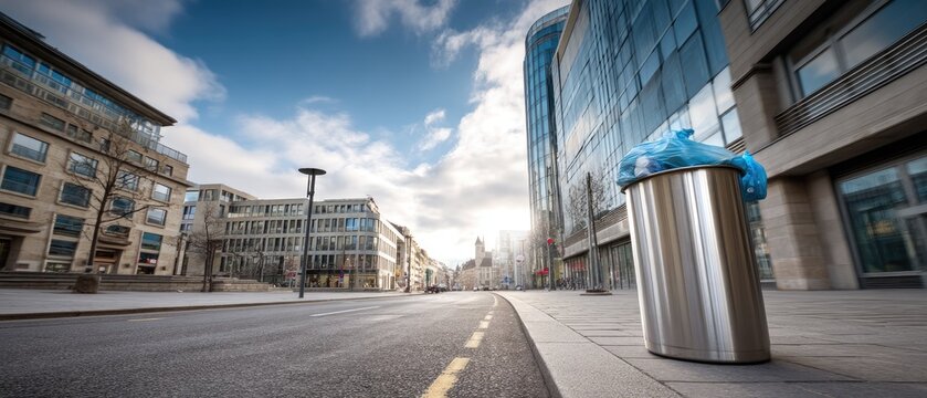 Urban street scene with a trash can under a cloudy sky in a modern city center during the daytime