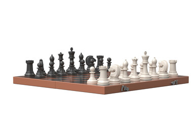 Wooden chessboard with metal clasps and full piece setup in starting position. Classic arrangement symbolizes strategic readiness, symmetry, and timeless elegance of intellectual gameplay.