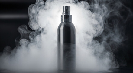 Sleek black spray bottle surrounded by mysterious fog - perfect for beauty, health, or cleaning product advertising visuals with modern feel