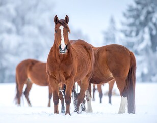 Chestnut horses stand in snow-covered field, the primary horse has a white blaze and a curious, direct gaze