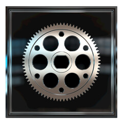 Polished metallic gear mounted on glossy square panel. Hexagonal center hole and circular cutouts emphasize industrial symmetry, mechanical precision, and engineered visual balance.