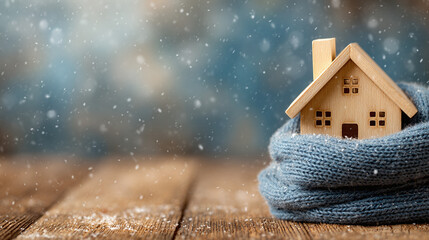 A cozy miniature wooden house wrapped in a blue knitted scarf rests on a snowy wooden surface amidst a softly blurred winter background.