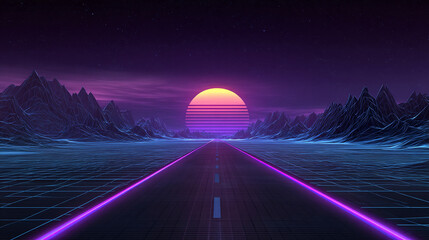 Vaporwave landscape with a long highway, mountain peaks, a grid pattern in the foreground and a stylized sun in the background.