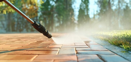 The pressure washer wand cleaning a brick patio near grassy garden edge
