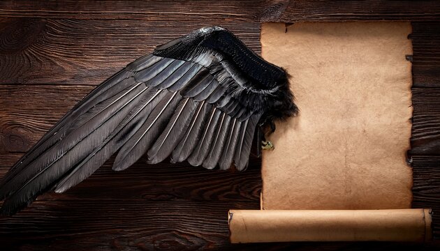 aged scroll and raven s wing on dark wood