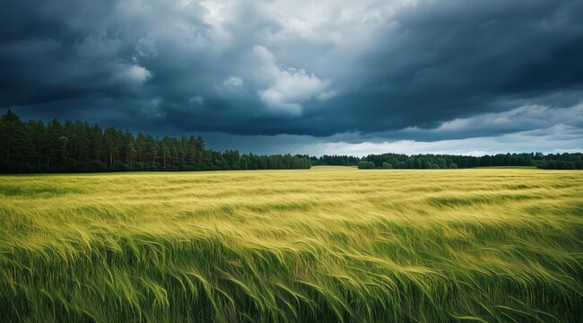 Dark Storm Clouds Loom Over a Vast Green Field With Tall Grass During a Tense Summer Afternoon