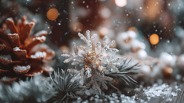 Festive Christmas macro shot of a shimmering snowflake decoration and pinecone with falling snow, set against bokeh lights on a dark background.