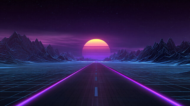Vaporwave landscape with a long highway, mountain peaks, a grid pattern in the foreground and a stylized sun in the background.