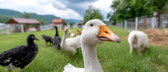 Obraz premium Geese and ducks on a farm enjoying the greenery under a cloudy sky in a rural setting during the afternoon
