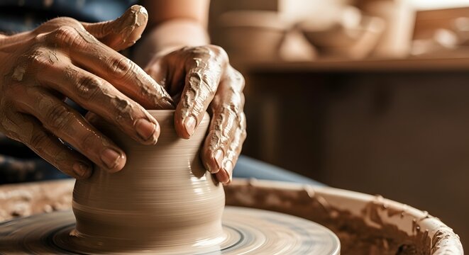 Hands adjusting wet clay on a spinning pottery wheel in a warm studio for a handmade craft concept and artistic creation