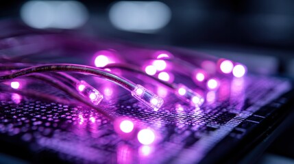 Fiber Optic Cables Glowing with Purple Light on Circuit Board for High-Speed Data