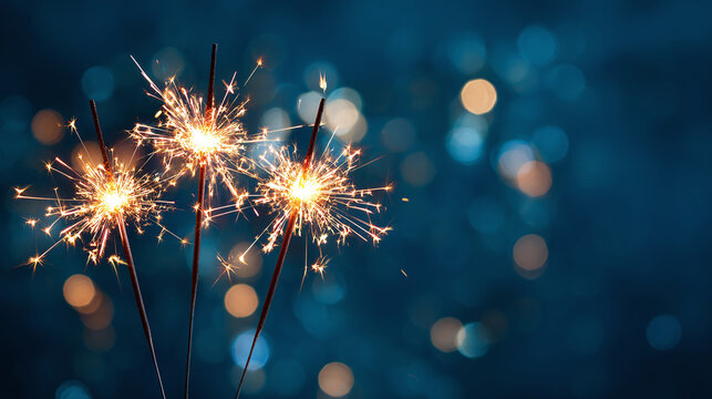 A trio of sparklers illuminates the night with shimmering light, creating a magical and festive atmosphere with blue bokeh in the background. - Powered by Adobe