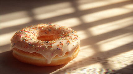 A glazed doughnut with colorful sprinkles sits on a wooden surface, catching the light, inviting a sweet treat moment.