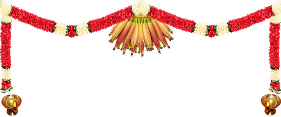 Indian festival Thoranam or Toran of rose and lily flowers isolated on transparent background with banana, traditional lamp hanging in entrance of house, reception, mall.