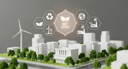 Net Zero City with Green Energy and Sustainability Icons