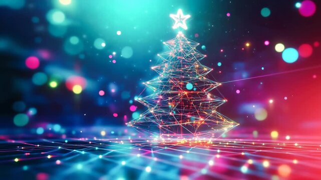 Glowing christmas tree stands on futuristic grid with colorful bokeh lights