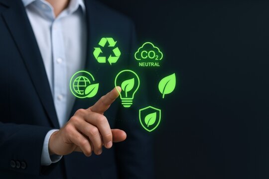 Sustainability concept presented by businessman, touching glowing green icons representing eco-friendly practices and environmental responsibility