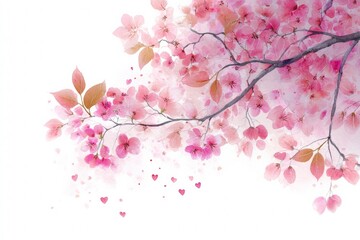 Naklejka premium Cherry blossom branch watercolor art with pink petals and heart accents