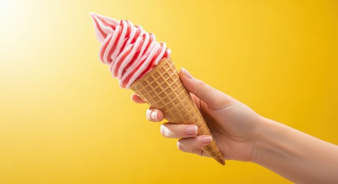 Woman holding a strawberry swirl soft serve ice cream cone