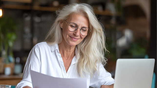 Mature woman with silver hair reviews documents in a naturally lit office, wearing glasses and a white shirt, focused at her work with a laptop. - Powered by Adobe