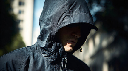A man in a hooded jacket stands with his head down, looking thoughtful, creating a sense of mystery and introspection in an urban setting.